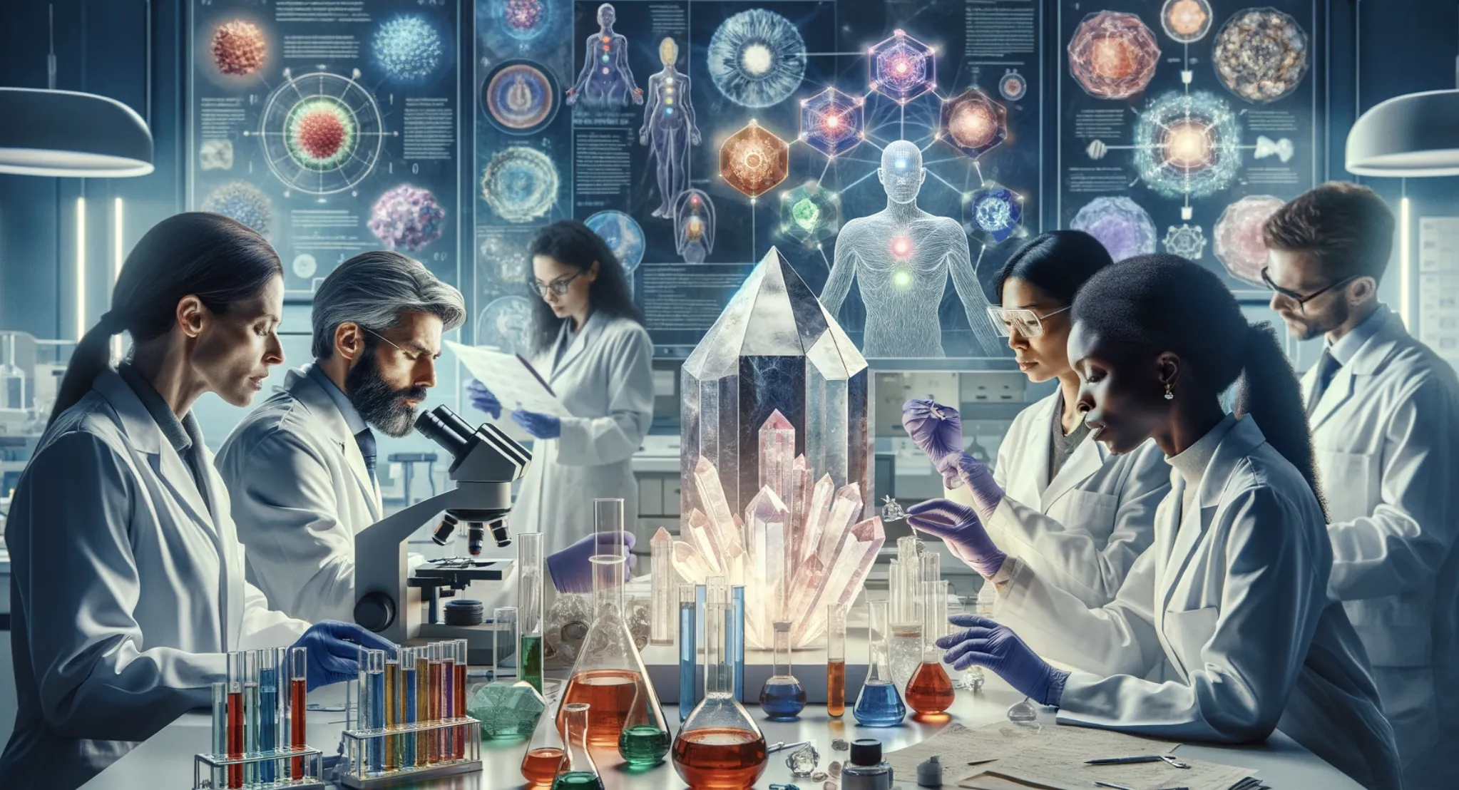 scientists studying rose quartz crystal