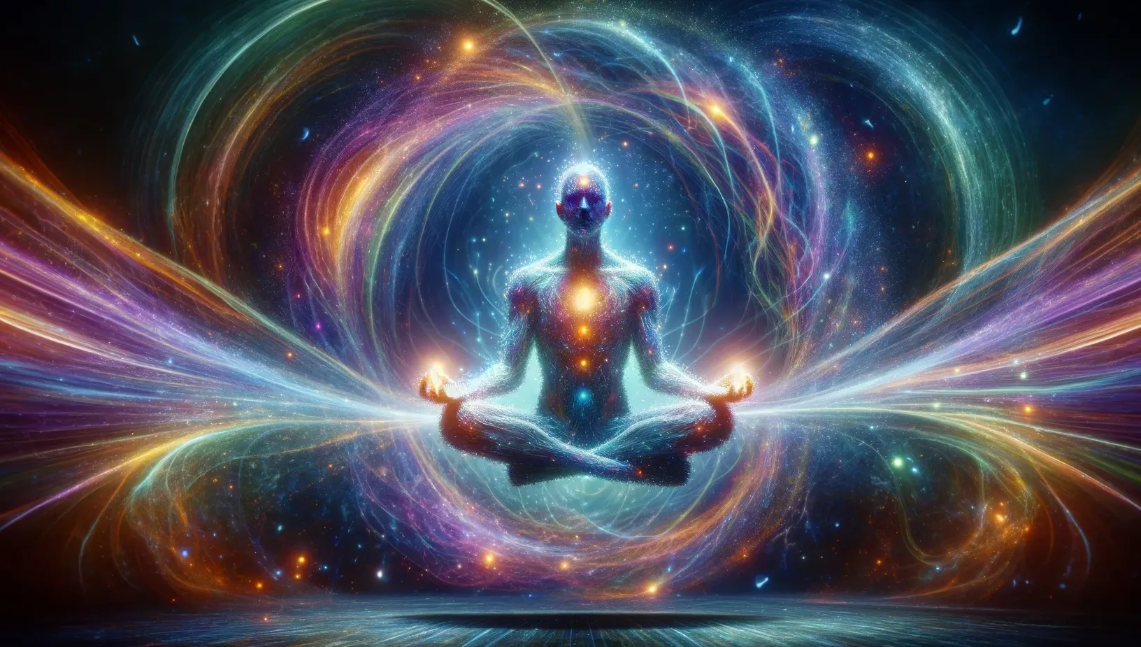 image of a person meditating with multi coloured energy field surrounding them