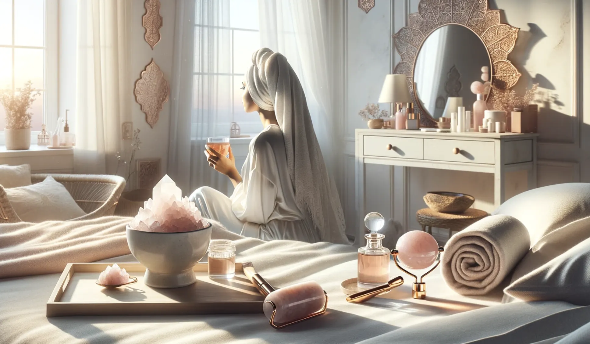 woman say in a white dressing gown drinking a hot drink with rose quartz crystals