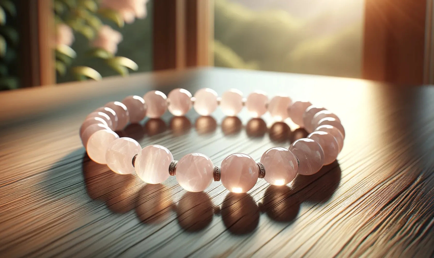 stunning photo of a rose quartz bracelet on a wooden table