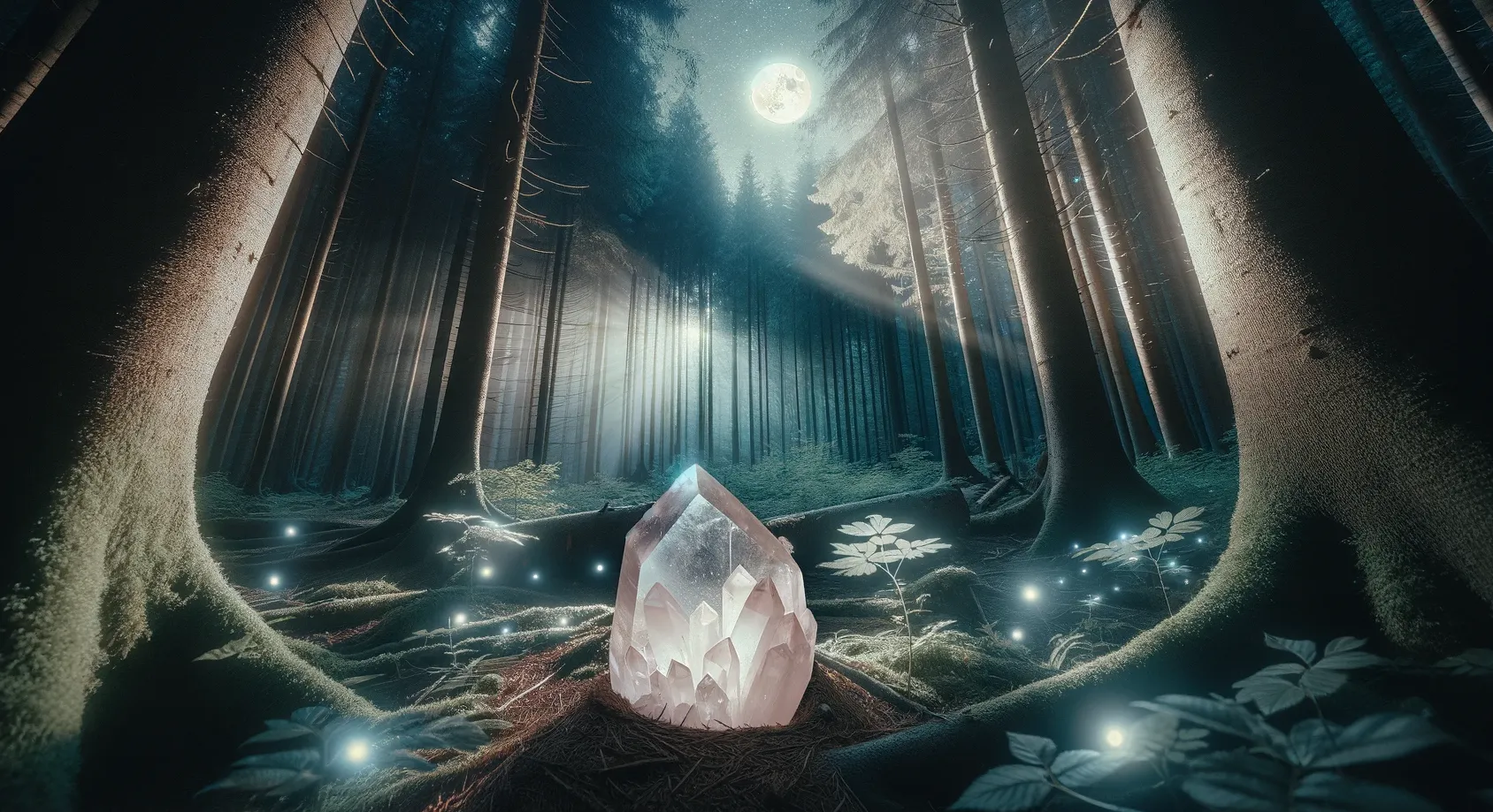 rose quartz crystal being charged by the moonlight in a forest