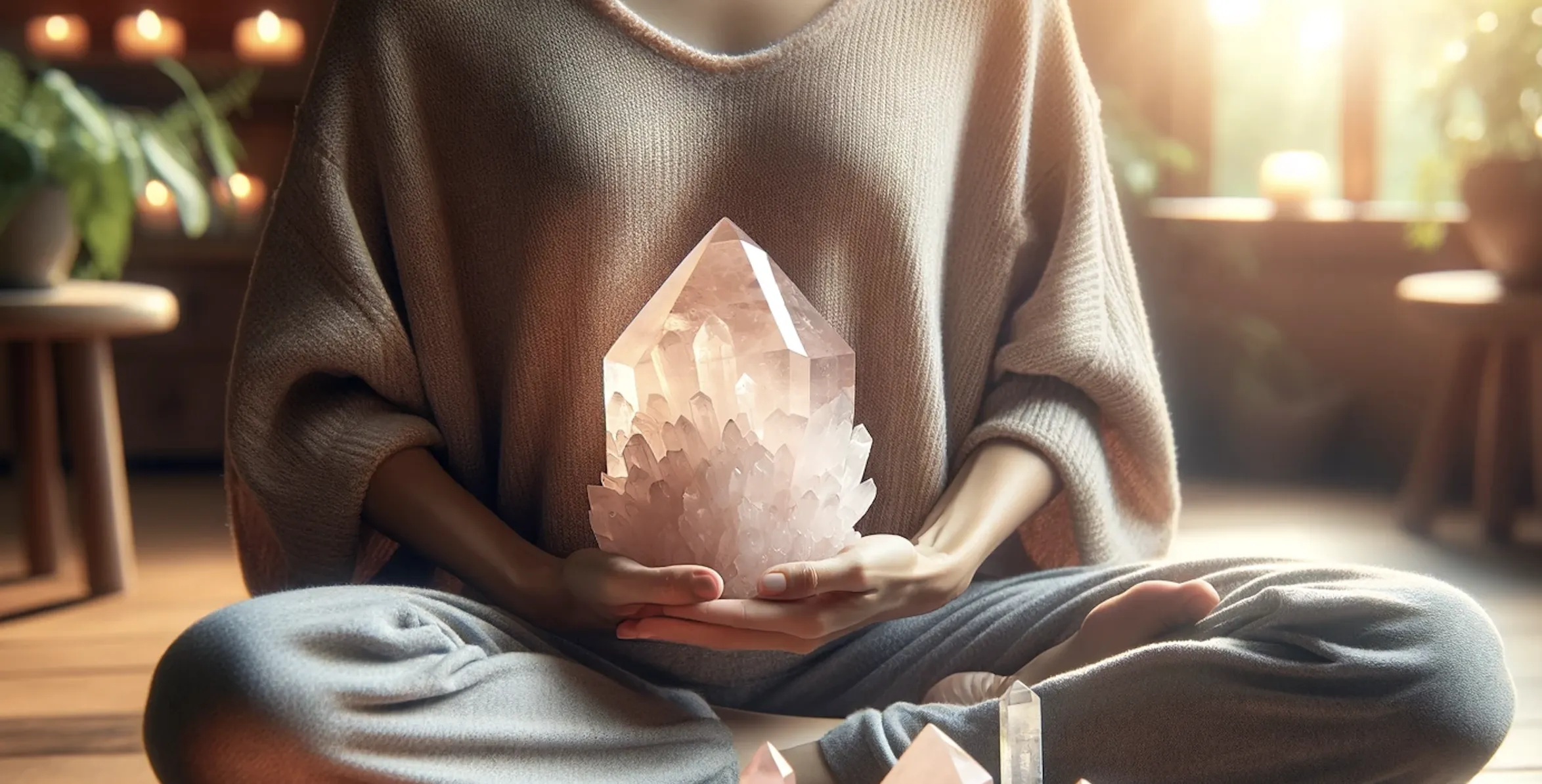person holding a large coarse rose quartz crystal whilst sitting cross legged and meditating