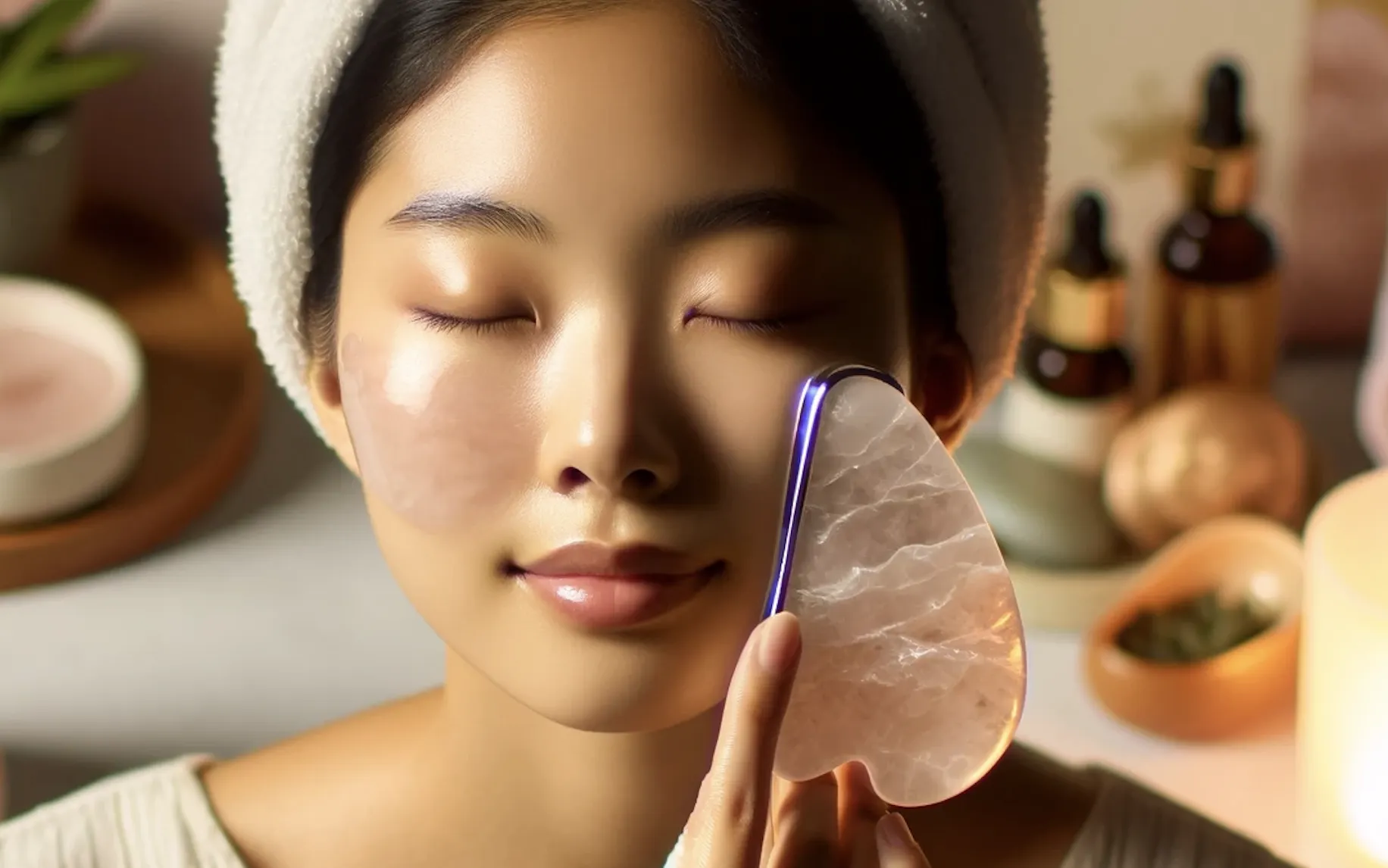 photo of woman using a large rose quartz face roller