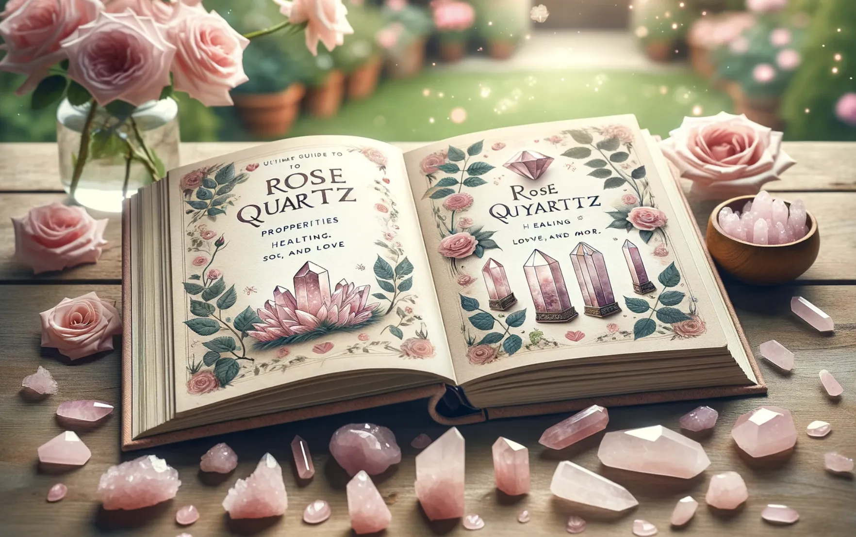 open spell book showing rose quartz crystals 