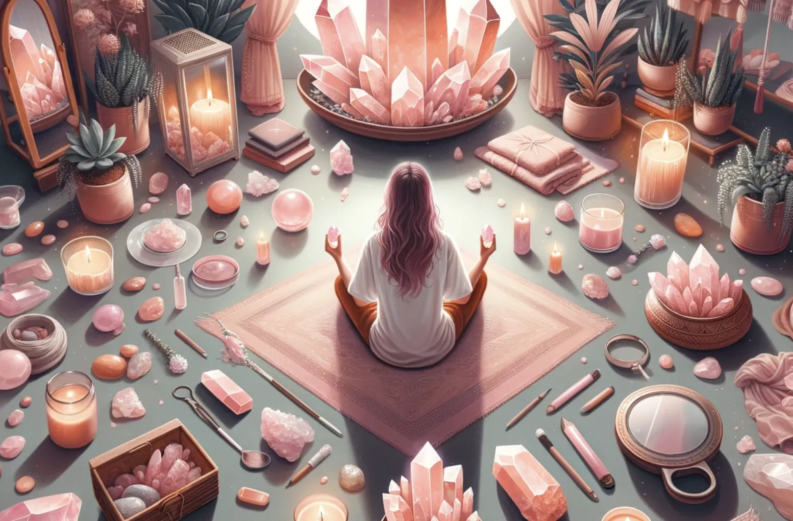 yoga nad rose quartz in a room filled with rose quartz crystals