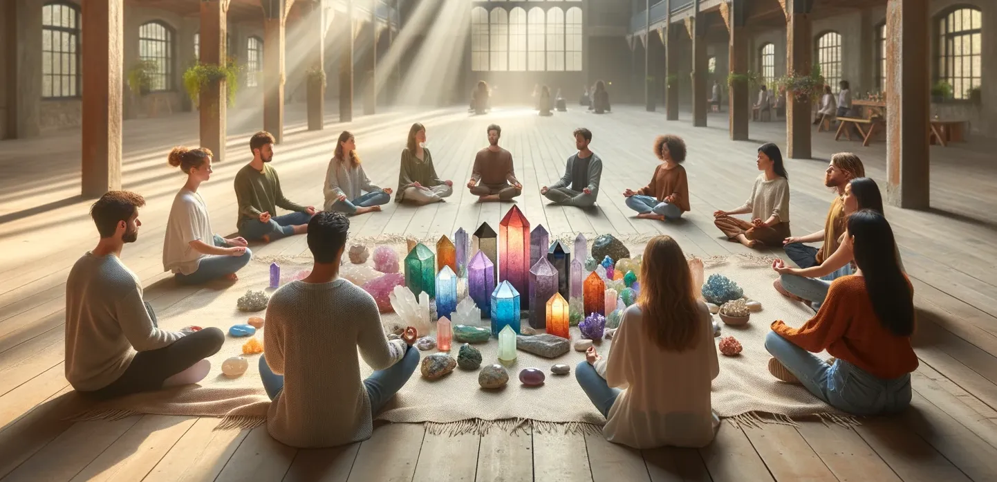image of people meditating around crystals on a wooden floor