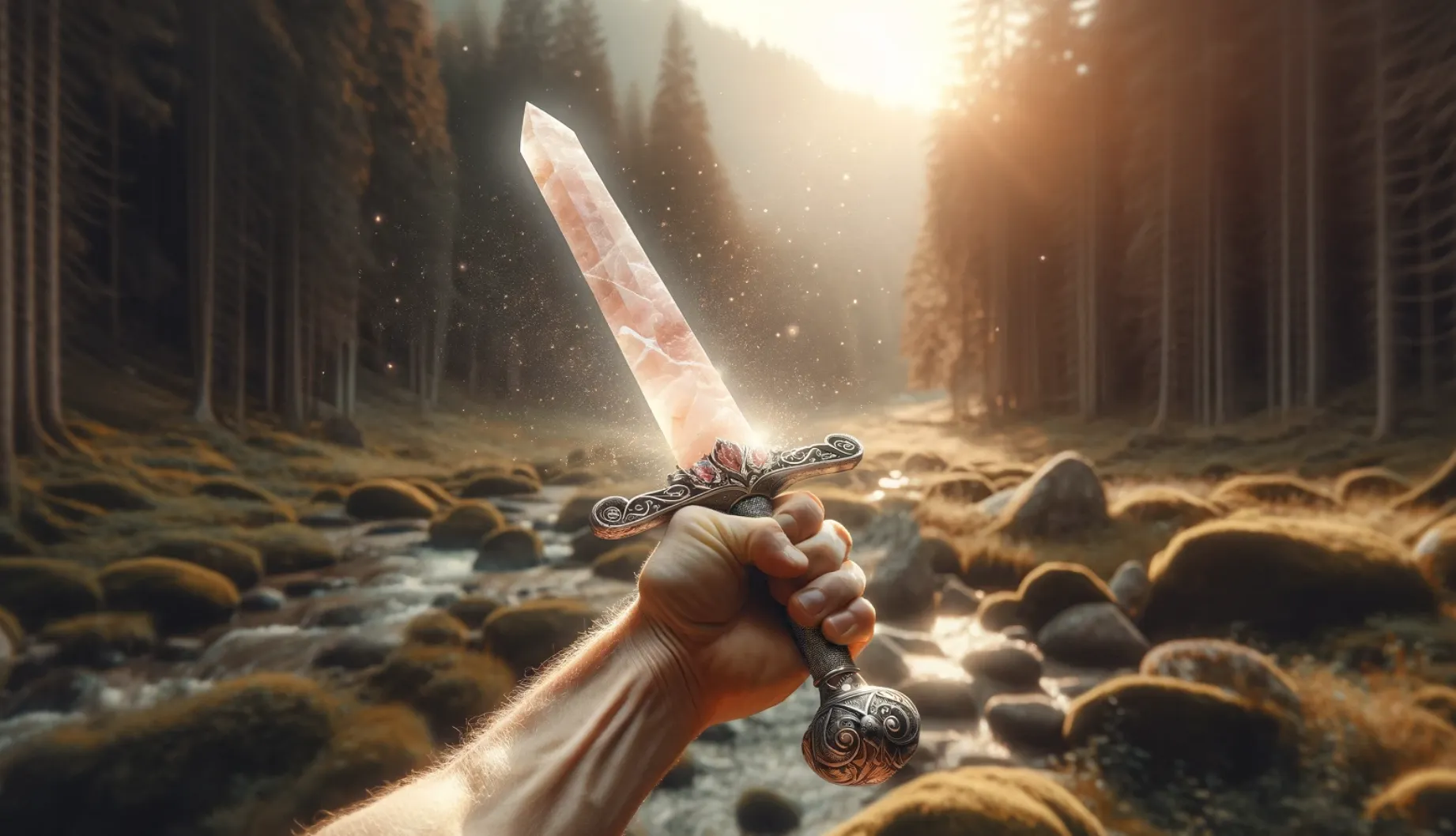 first person view of man holding rose quartz crystal sword