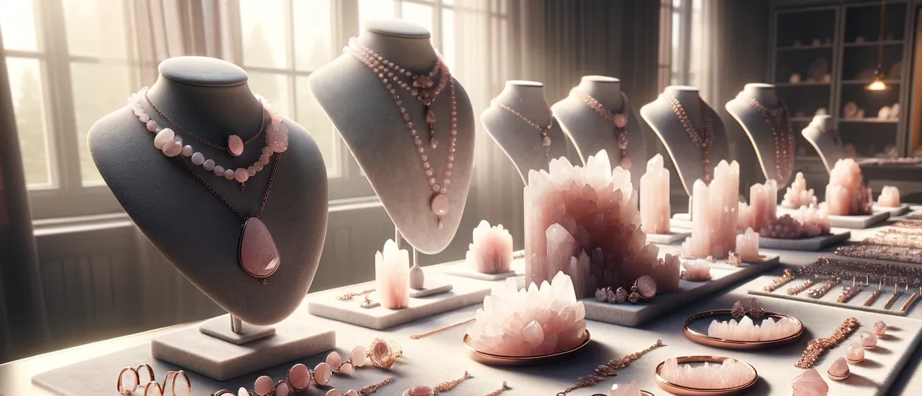 rose quartz pendants and necklaces on stands