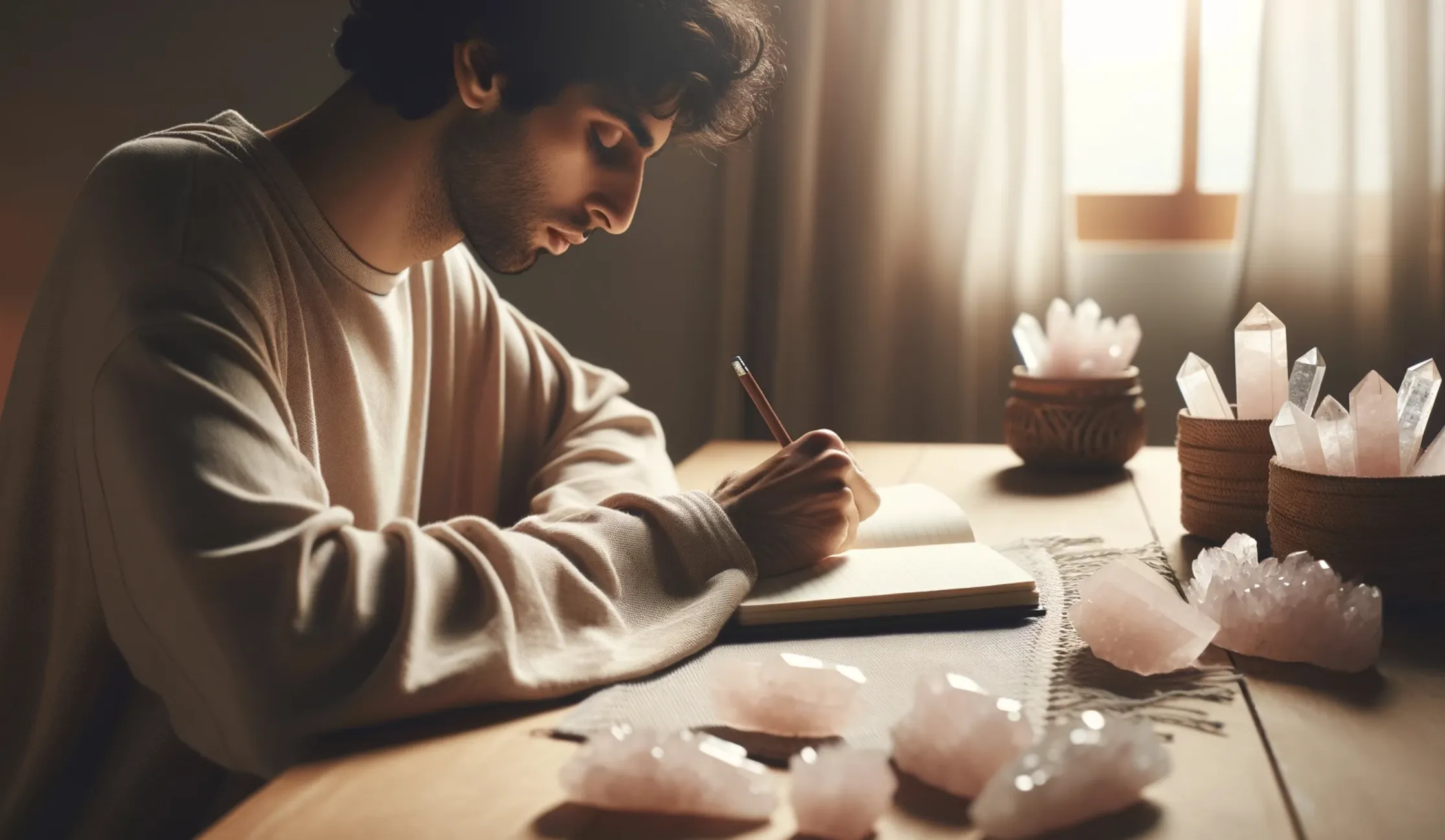 man journaling with lots of rose quartz crystals on the desk