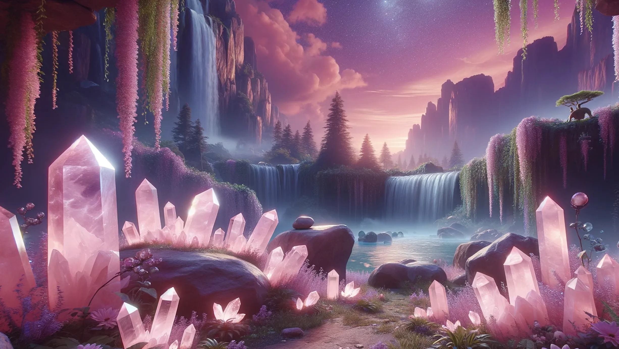 imaginary world with rose quartz crystals and waterfalls