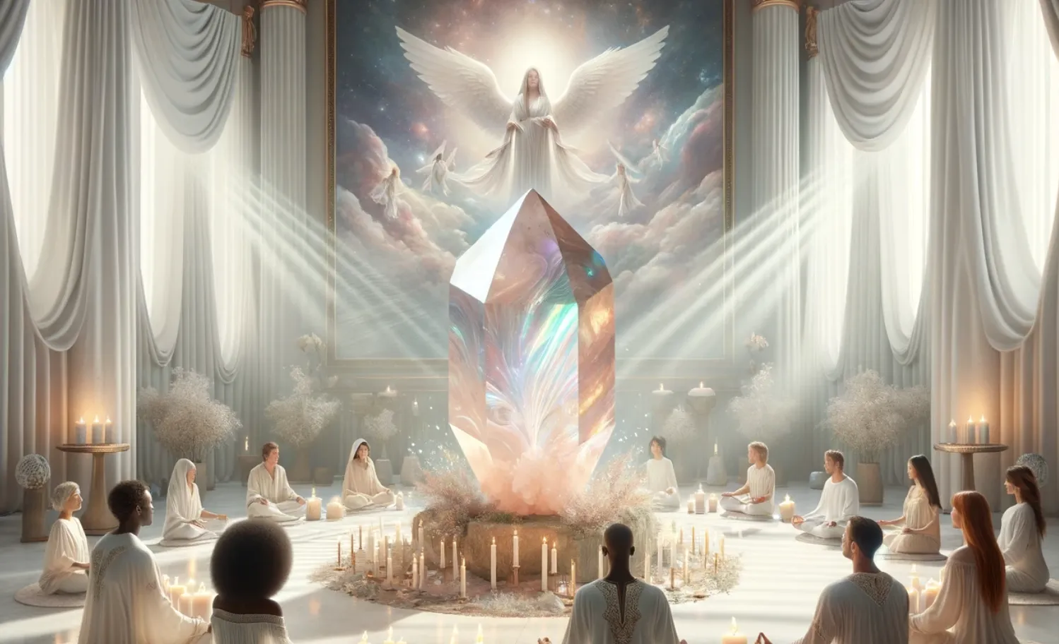 large rose quartz crystal in a white church with an angel painting and people meditating