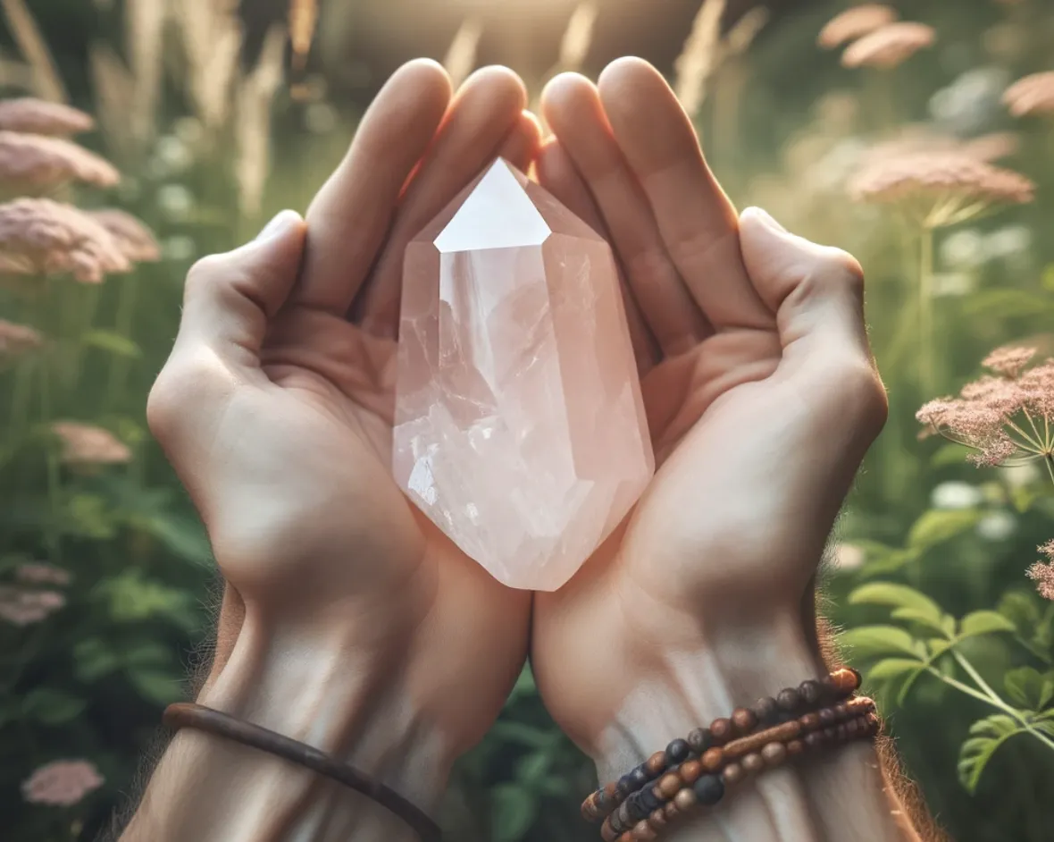 rose quartz crystal being held / cupped in a hand