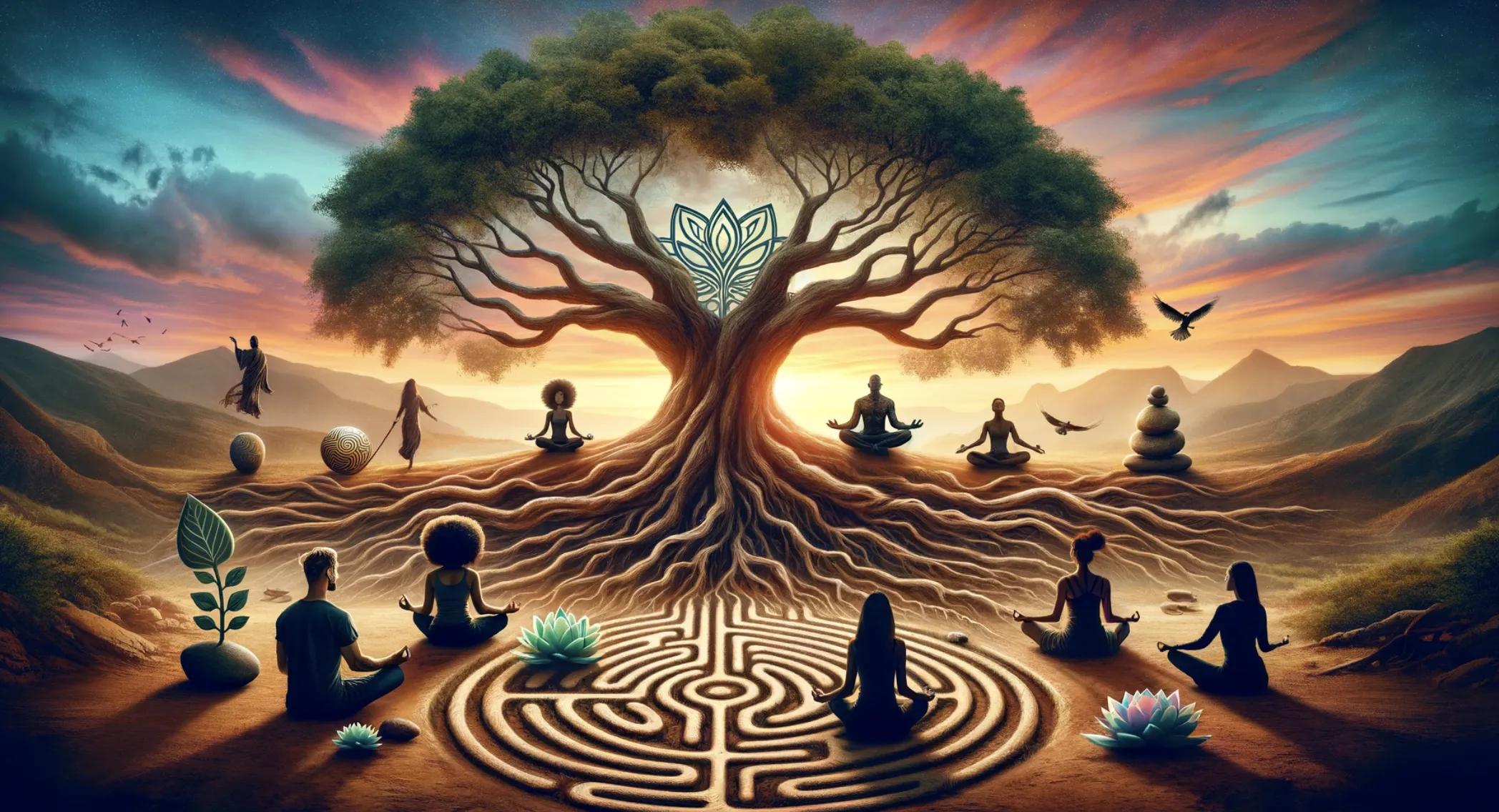photo depicting spiritual growth with a large tree any people mediting beneath it