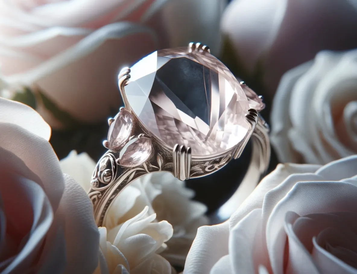 rose quartz wedding ring with rose flowersin the background
