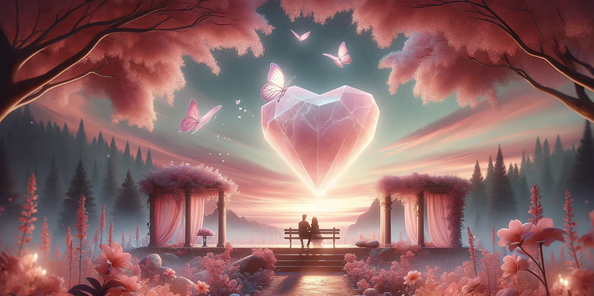 photo of a couple in a pink sunset with butterflies and a large heart shaped rose quartz crystal