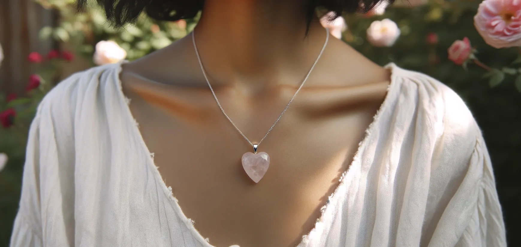 woman wearing a heart shaped rose quartz necklace