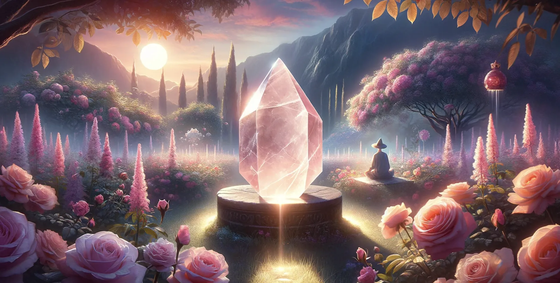 large rose quartz crystal with man meditating in the background