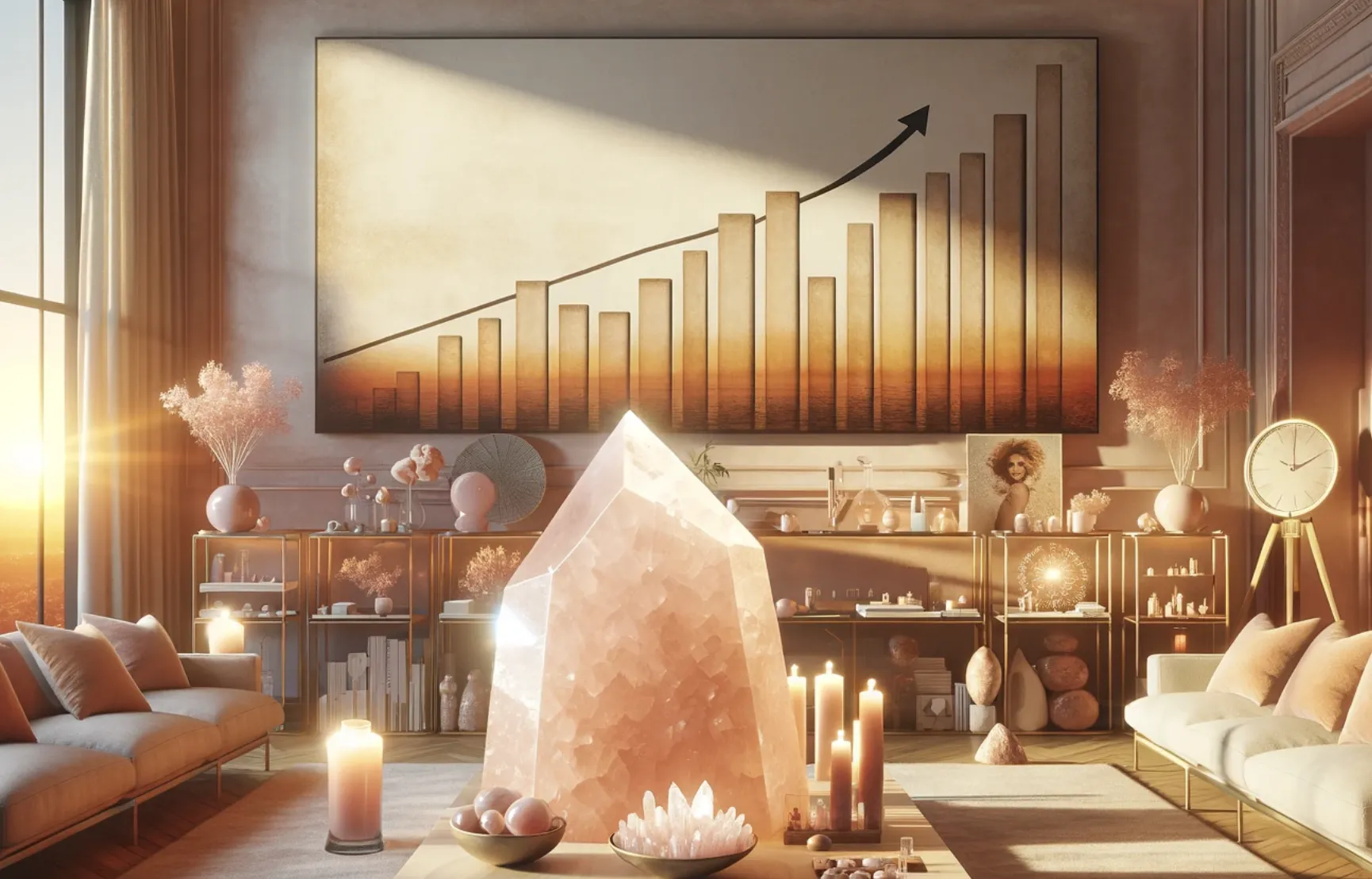 large rose quartz crystal with a graph rising in the background