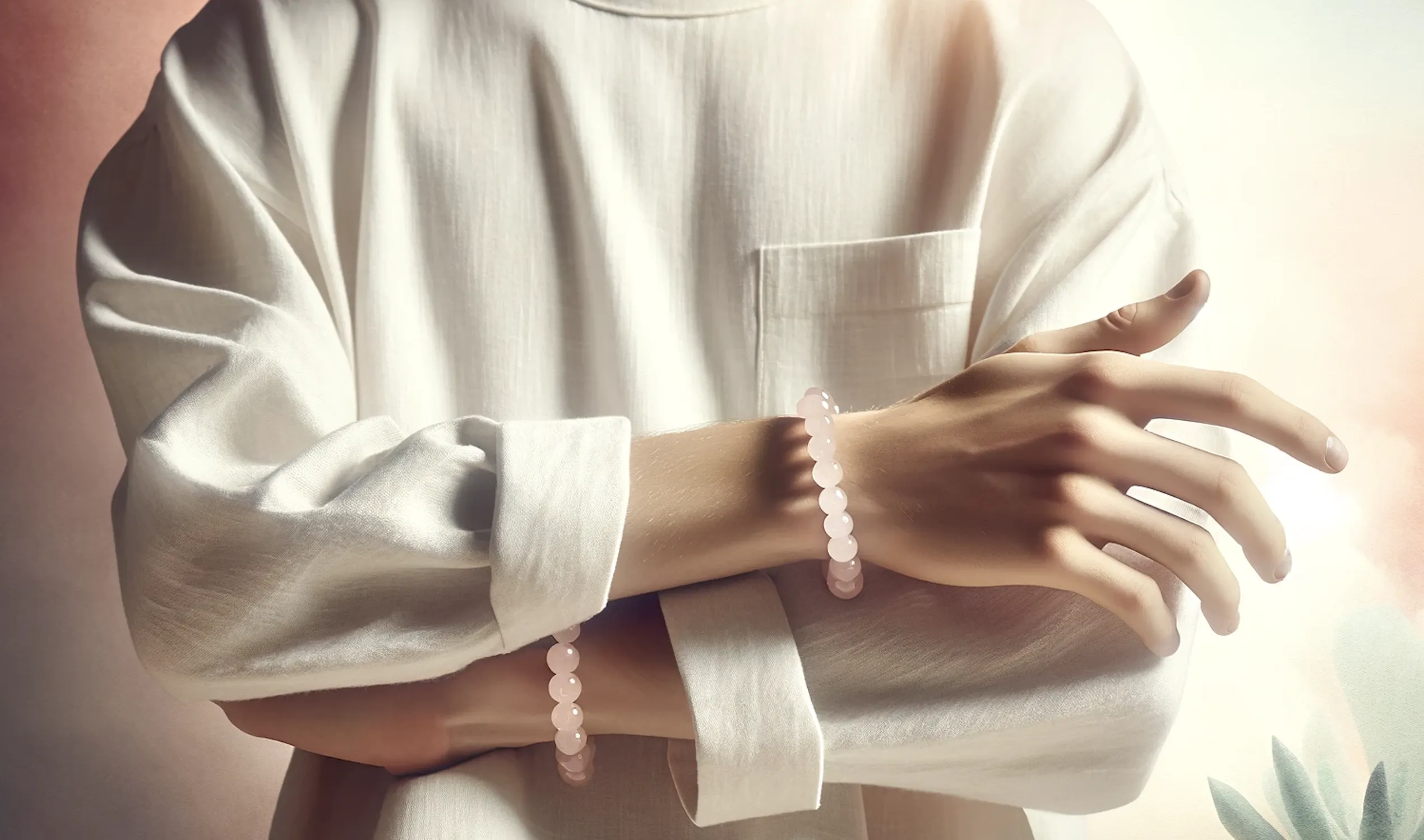 woman with rose quartz bracelets and her arms crossed