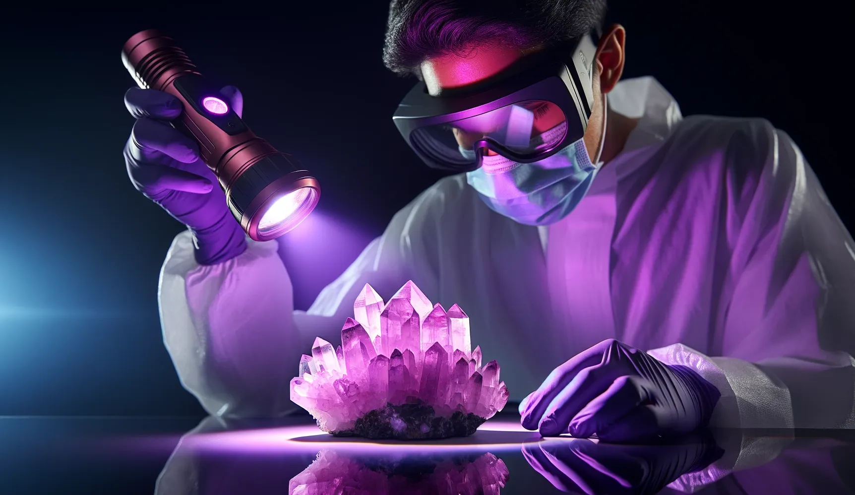 scientist shining a UV light onto natural rose quartz crystal