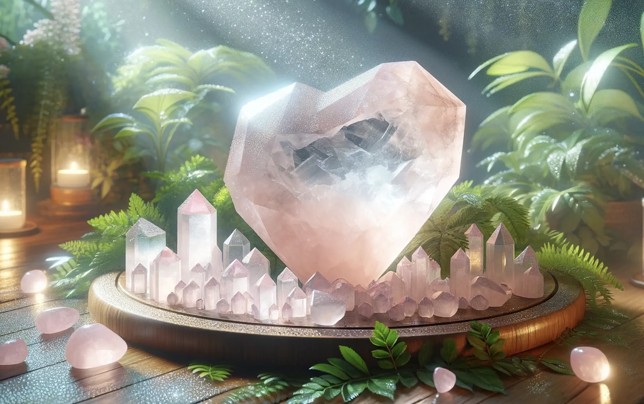heart shaped piece of rose quartz on a circular chopping board with light rays